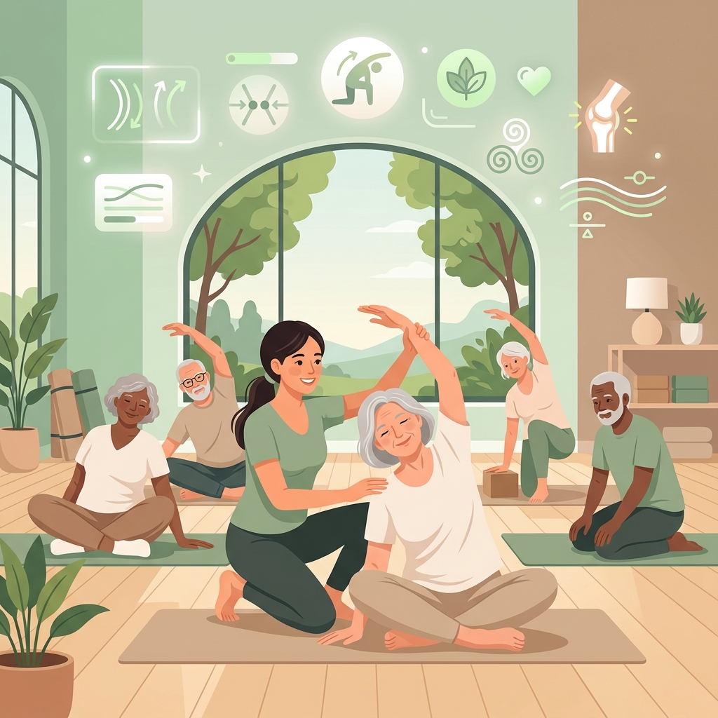 Instructora de yoga ayudando a adultos mayores con estiramientos